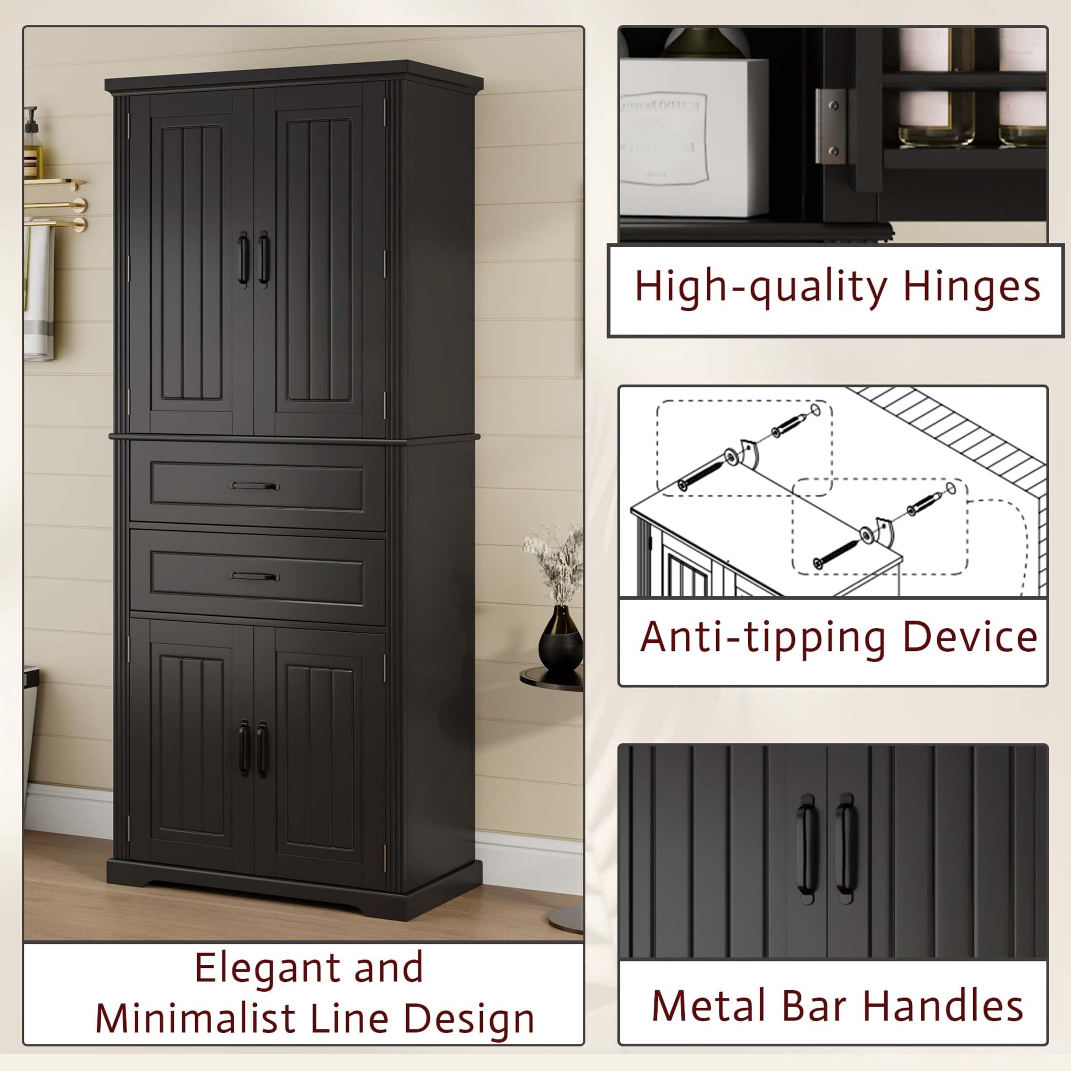 Christopher Knight Home 72.5" H Storage Cabinet with 2 Drawers, 5 Layers Cabinet with Adjustable Shelves, Black