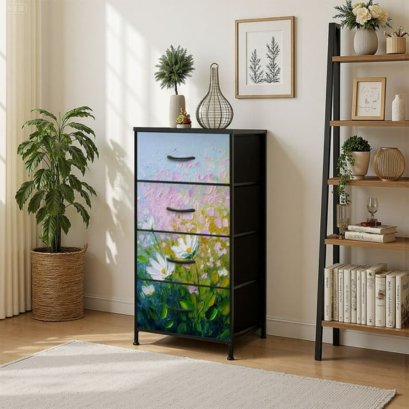 4 Drawer Vertical Storage Dresser Flowers oil paintings texture Oil paintings landscape artwork fine art with Wood Top Fabric Pull Drawers