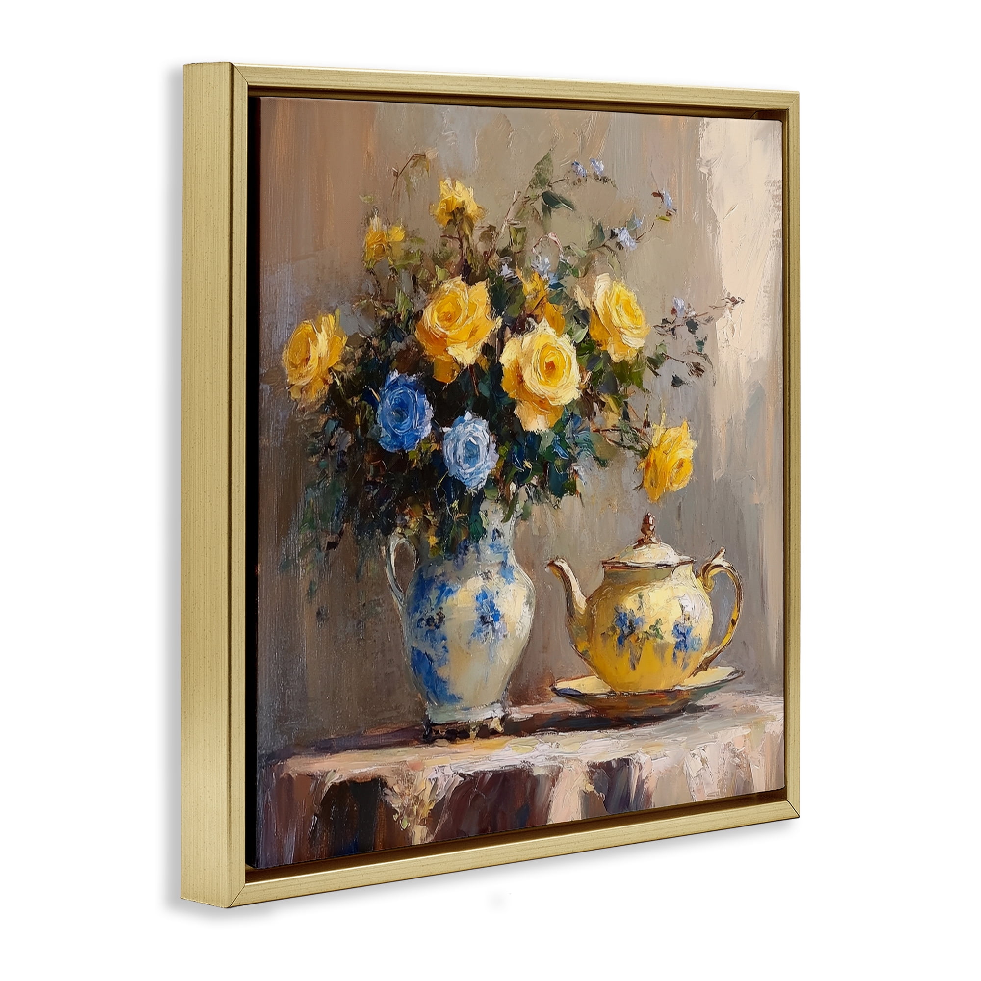 Stupell Industries Tea Time Blue & Yellow Bouquet Gold Framed Floater Canvas Wall Art, design by Petal Prints Design