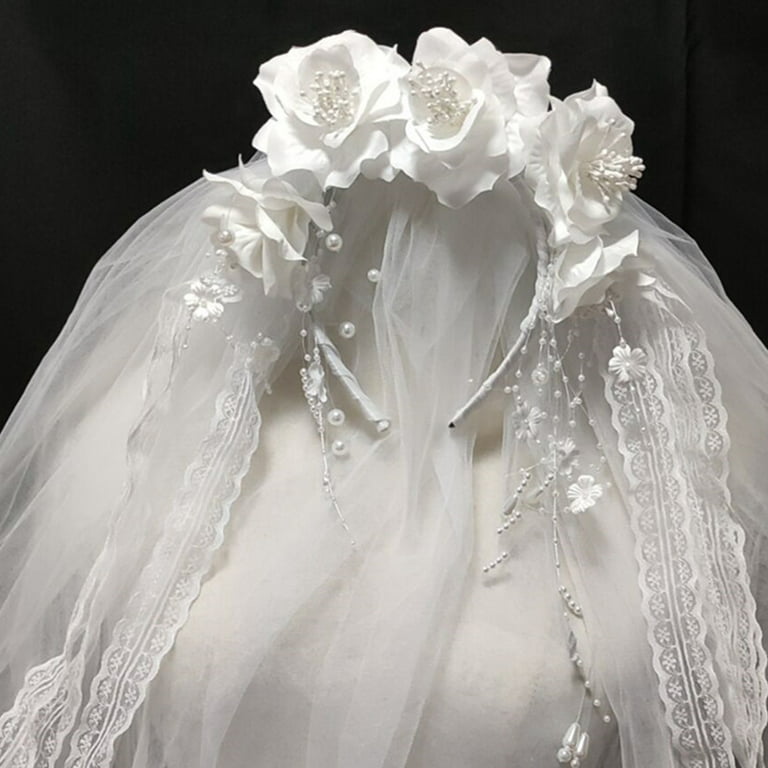 Korty Wedding Veil,White Bridal Veil with Comb, 3 Tier Ribbon Edge with Pearl Center Cascade for Bachelorette Party