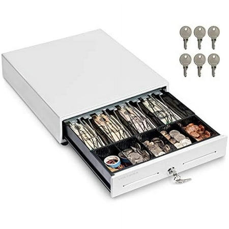Volcora 13" Cash Register Drawer for Point of Sale (POS) System with 4 Bill 5 Coin Cash Tray, Removable Coin Compartment, 24V, RJ11/RJ12 Key-Lock, Media Slot, White - for Stores, Shops and Businesses