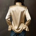 thumbnail image 5 of Women's Satin Button Down Shirt, Long Sleeve Bell Sleeve Blouse, Elegant Solid Color Collared Top for Wrinkle Resistant Formal Office Wear and Daily Outfits Khaki M, 5 of 5