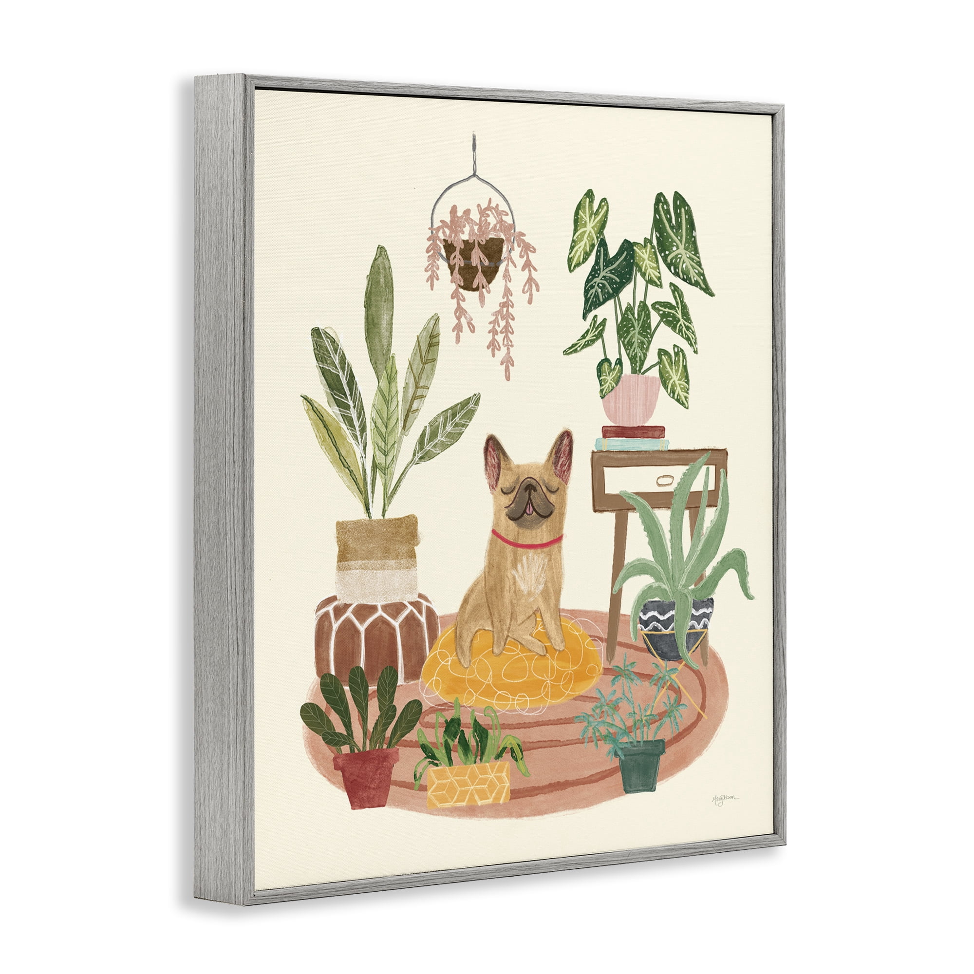 Stupell Industries Urban Dog with Plants Animals & Insects Painting Gray Framed Art Print Wall Art, 16 x 20