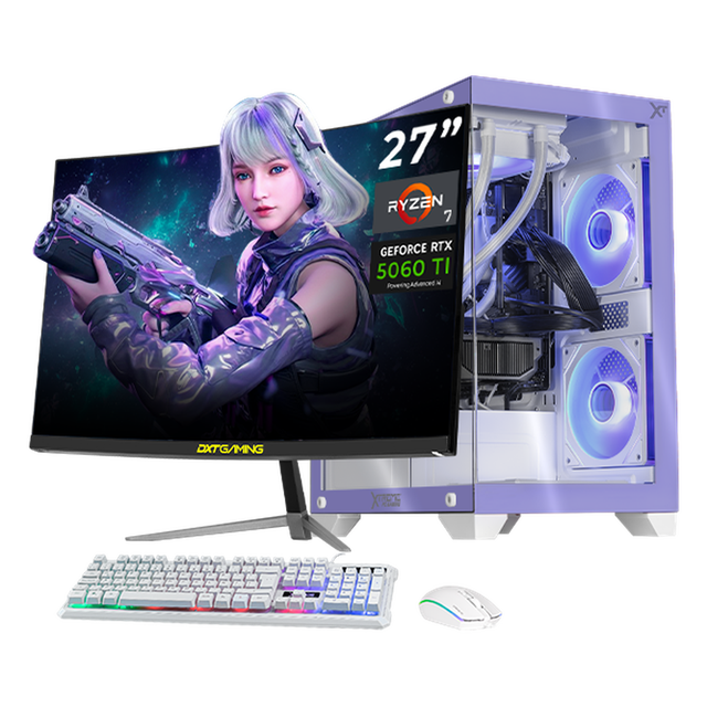 PC Gamer Completa con IA Xtreme PC Gaming NVIDIA GeForce RTX 5060 Ti AMD Ryzen 7 5700X 32GB SSD 1TB Monitor Curvo 27 180Hz Sistema Liquido WIFI Lila gaming 1080p, estudios y multitarea