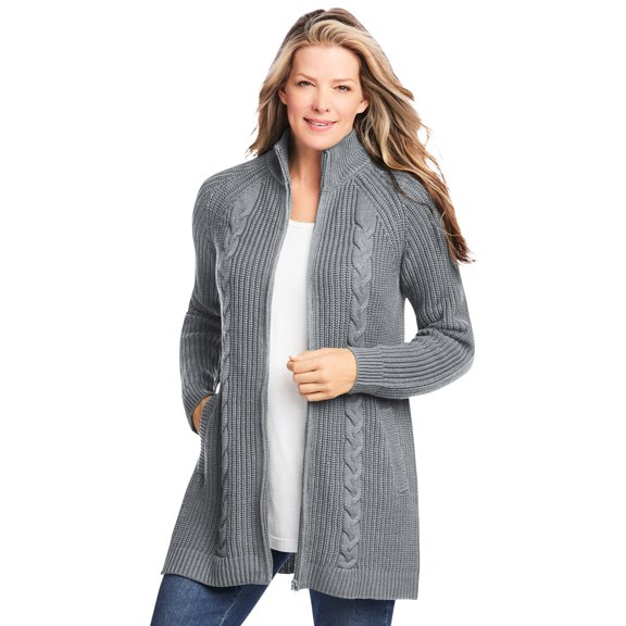 Woman Within Plus Size Cabled Zip-Front Cardigan Sweater