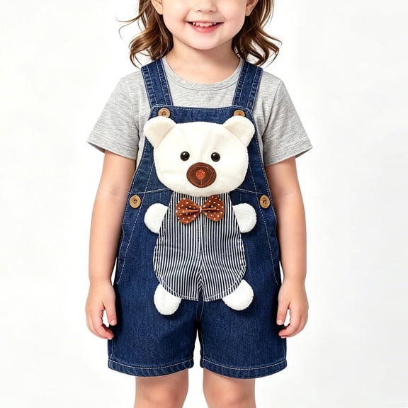 FRSASU Toddler Girls Cartoon Denim Short Overalls Cute Doll Pattern Jean Shortalls with Adjustable Straps Kids Summer Casual Romper Blue-I