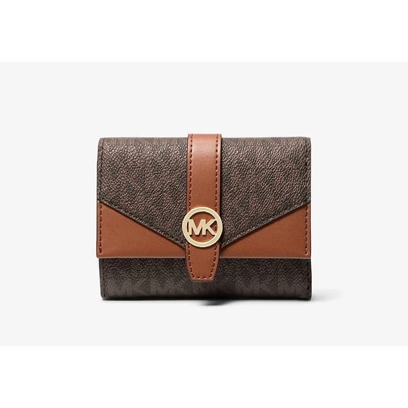 Michael Kors Greenwich Medium Envelope Trifold Wallet Signature Logo Brown