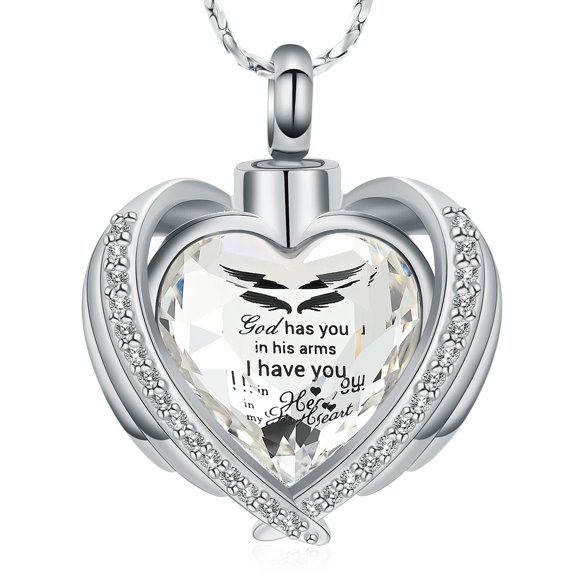 Heart Cremation Jewelry Angel Wing Heart Urn Pendant Necklaces for Women Crystal Birthstone Urns for Human / Pet