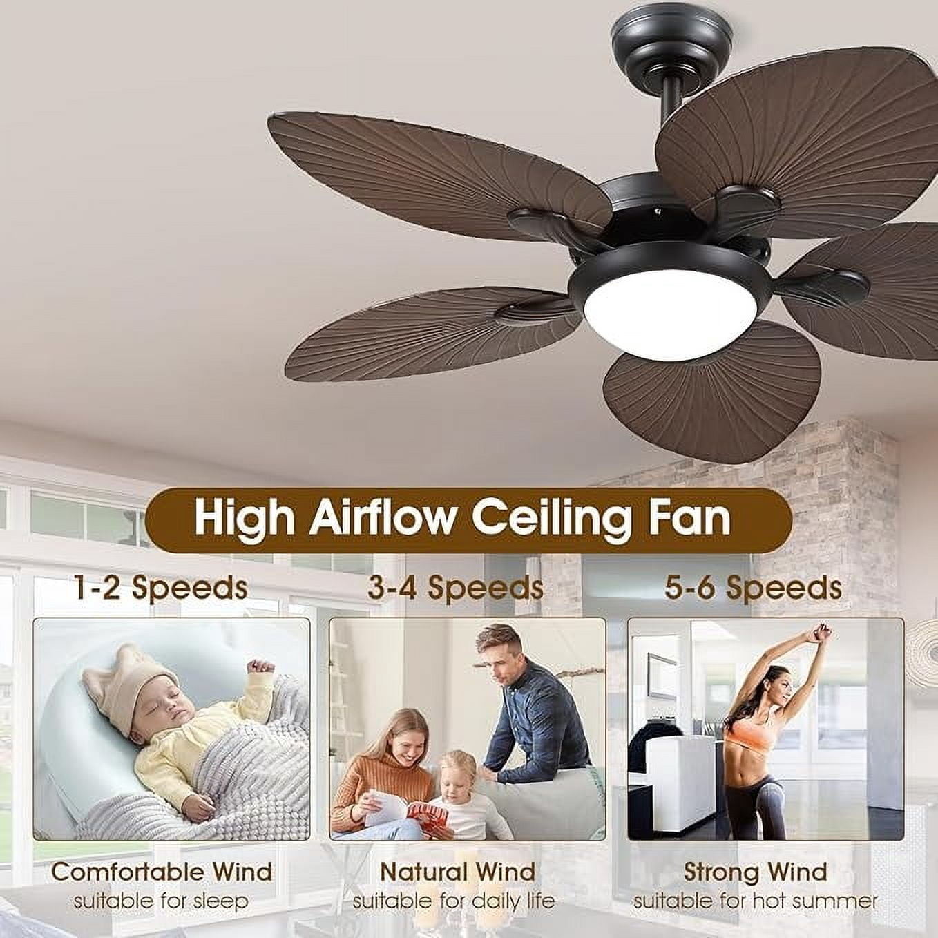 YIOSI 44" Tropical Palm Leaf Ceiling Fan with LED Lights, Remote/APP Control, Quiet Reversible Motor, Dimmable Lighting, Indoor/Outdoor Ceiling Fans for Patios, Porches, Bedrooms - Brown
