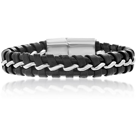 - Men's Black Leather Magnetic Bracelet in Stainless Steel