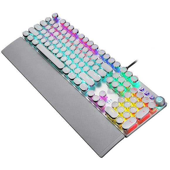 AULA F2088 104 Keys Wired Gaming Mechanical Punk Round Keyboard Mixed Effect Metal Panel with Wrist Pad White(Blue Switches) Punk White