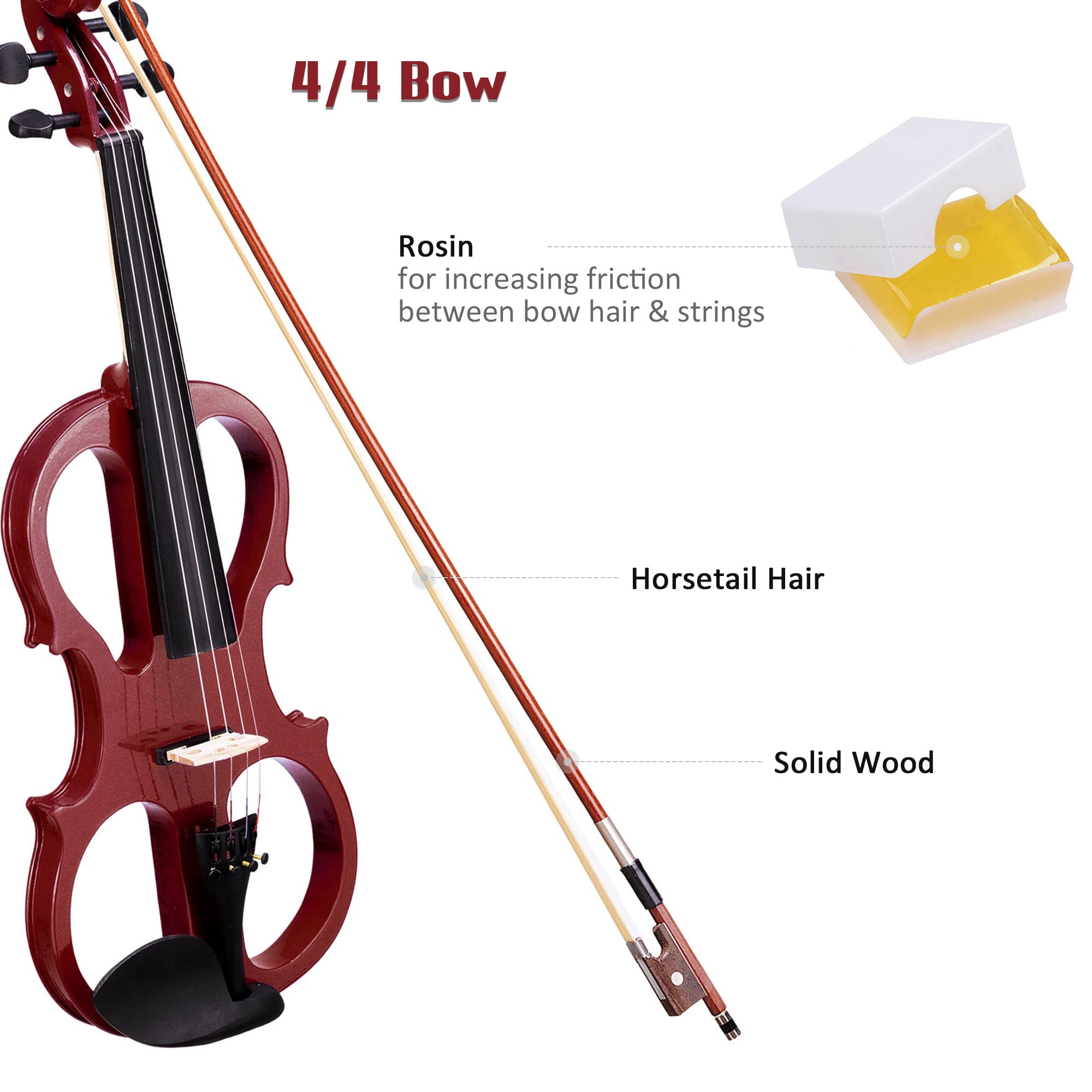4/4 Electric Violin Full Size Wood Silent Fiddle Stringed Instrument Bow Headphone Case Jujube Red