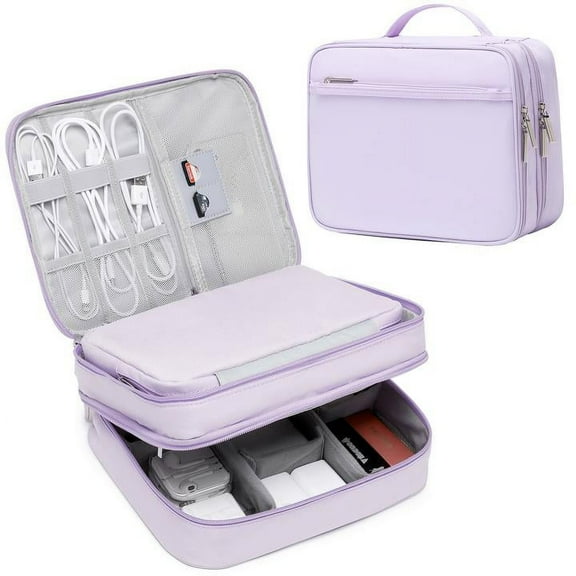 Mygreen Triple Layer Cord Organizer Bag, Travel Universal Cable Organizer Case Accessories Pouch with Handle, Large Electronic Carrying Bag for Cable, Flash Diver, Phone, USB, Power Bank Purple