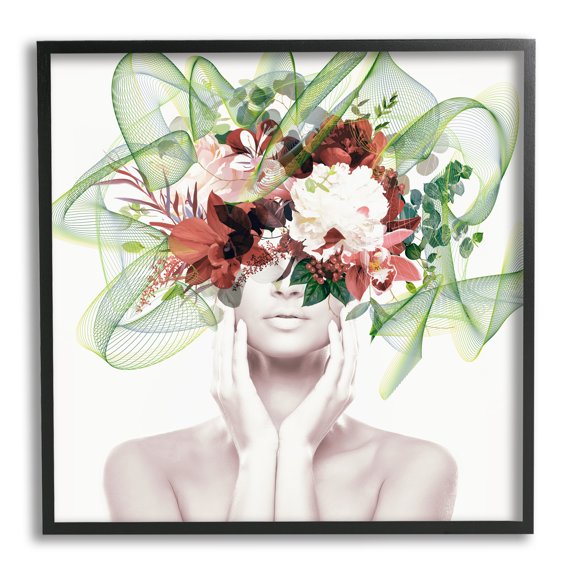 Stupell Conceptual Flower Face Woman Botanical & Floral Painting Black Framed Art Print Wall Art