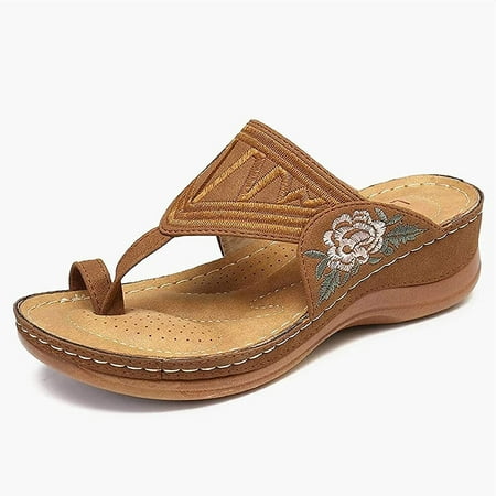 

Women Sandals Anti Slip Orthopedic Slipper Flower Embroidery Halter Back Sandals Casual Comfort Summer Fashion Open Toe Shoes Non-Slip Low Wedge Beach Slippers Brown.