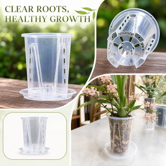 Clear Orchid Pot with Drainage, 6.3-Inch Transparent Plastic Planter for Phalaenopsis, Root Visibility, Includes Tray