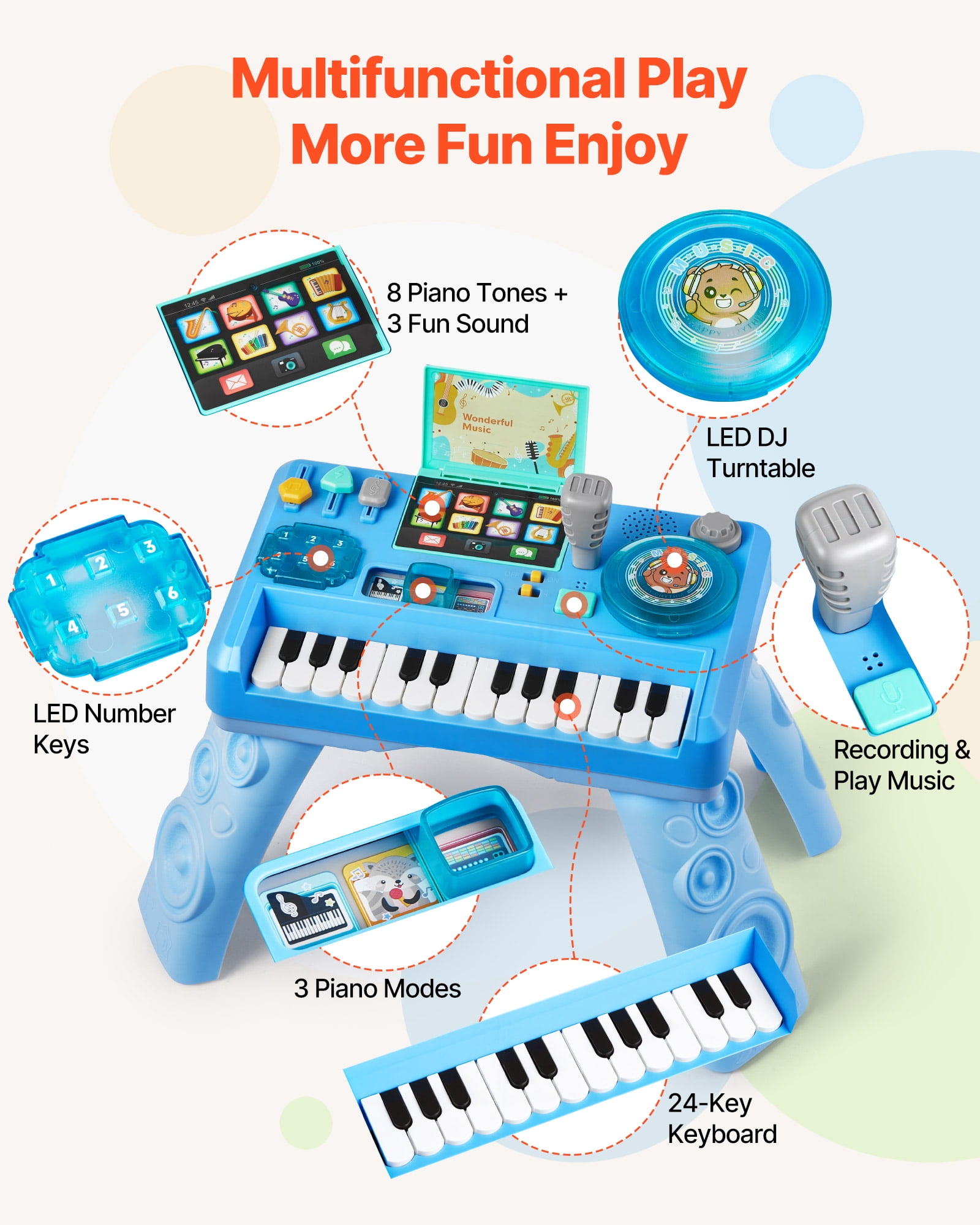 VEVOR Baby DJ Playset for Toddlers 1-3, Educational Musical Table Toys with 133 Sound Sources, Recording and LED DJ Turntable, Baby Activity Table for Birthday, Gift for Kids Aged 6+ Months