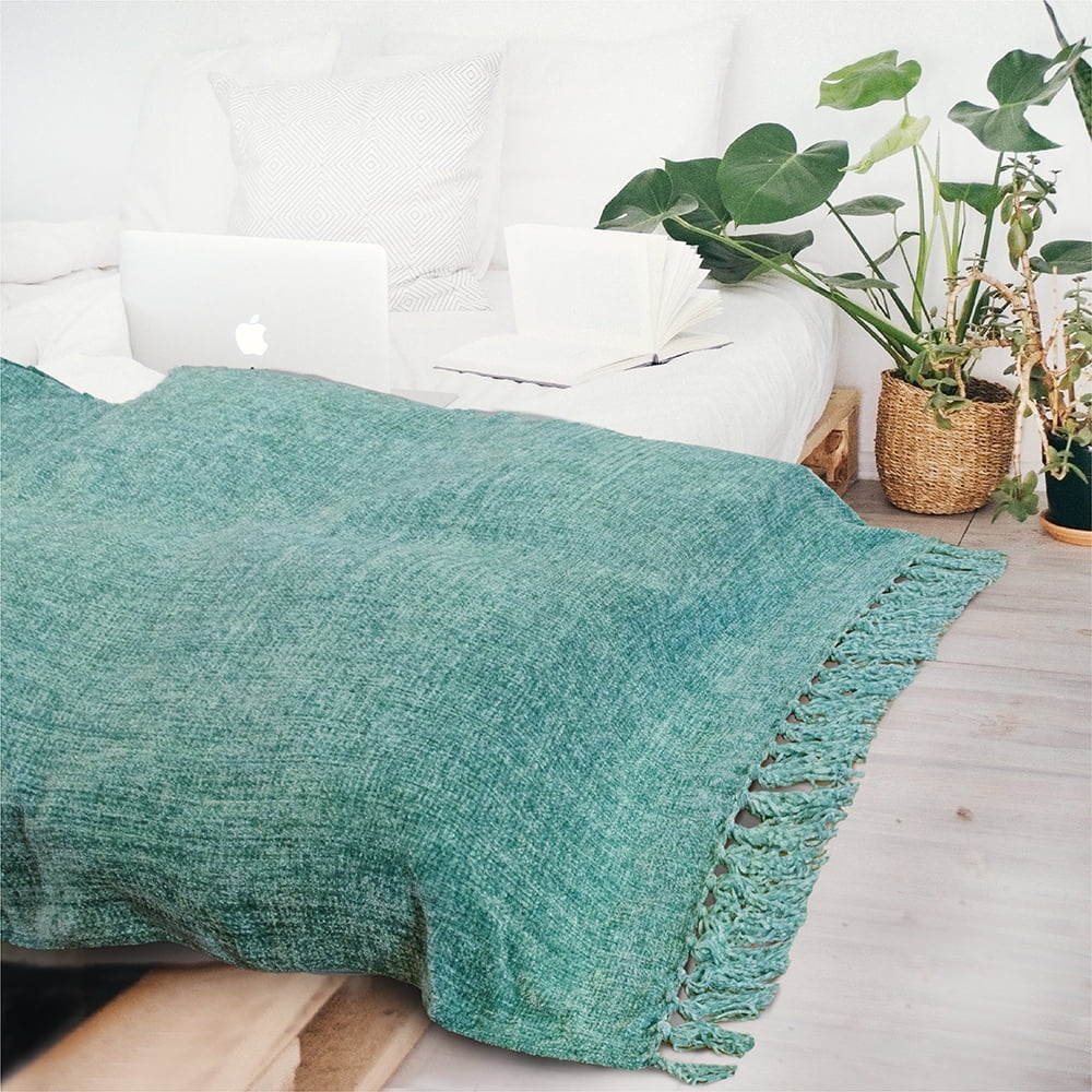 PAVILIA Teal Green Chenille Throw Blanket for Couch, Soft Turquoise Knit Blanket with Tassel Fringe, Woven Chenille Knitted Decorative Blanket for Sofa Bed Living Room, Decor Gift, 50x60