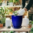 thumbnail image 3 of 8 Inch Small Ceramic Pot with Tray for Fall Centerpiece, Glossy Blue Halloween Planter for Tabletop, Modern Indoor Flower Pot, 3 of 7