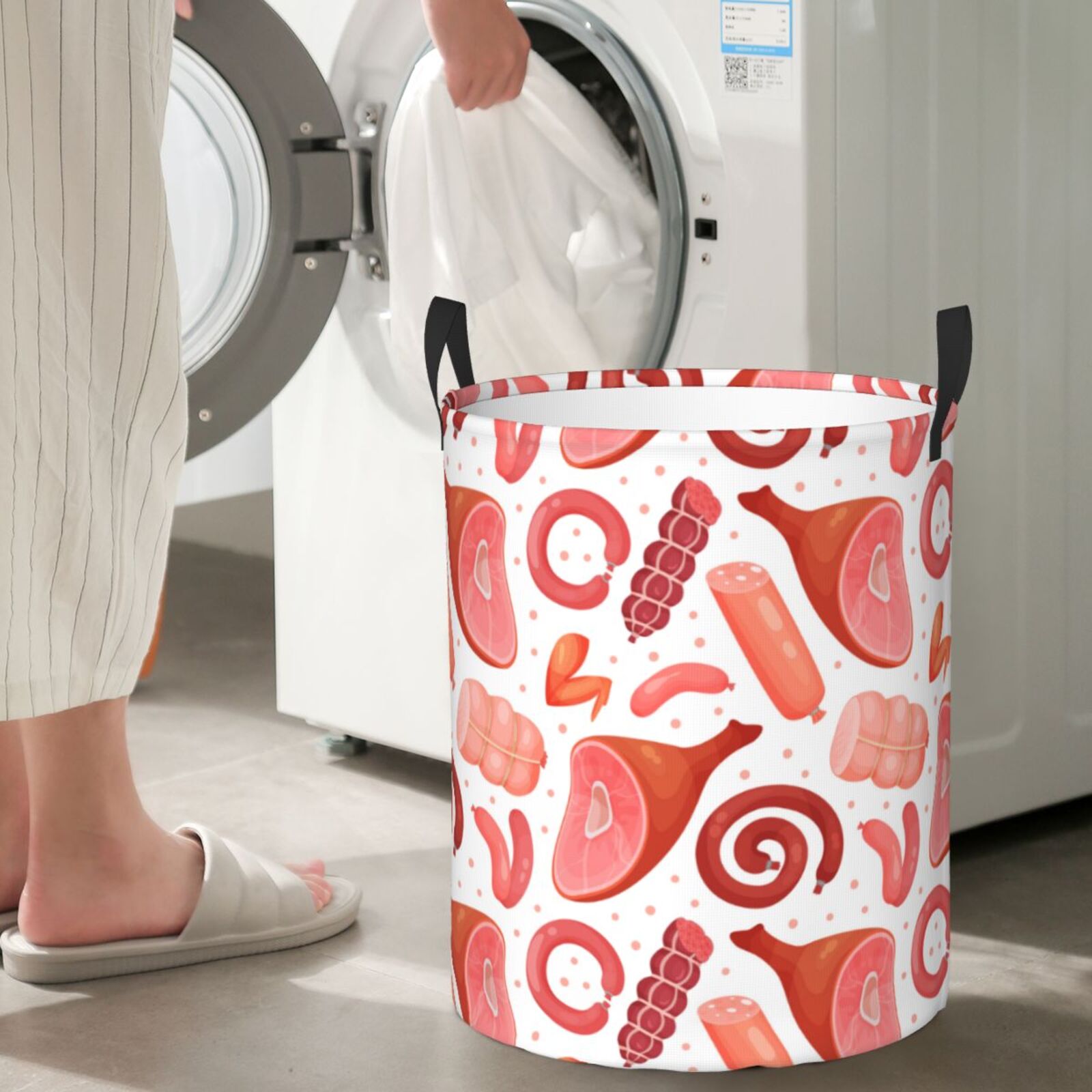 Large Laundry Basket with Handles - Bacon Ham print Kids Baby Dirty Clothes Laundry Hamper for Bedroom Aesthetic