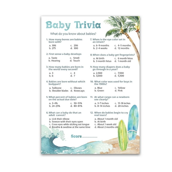 BEACH SURF Theme Baby Shower Game — BABY TRIVIA Game — Pack of 25, Summer Blue Ocean Surfing Baby Shower Games, Fun Baby Facts Game Shower Activity, Gender Neutral Couples Shower Shower G940-TRV