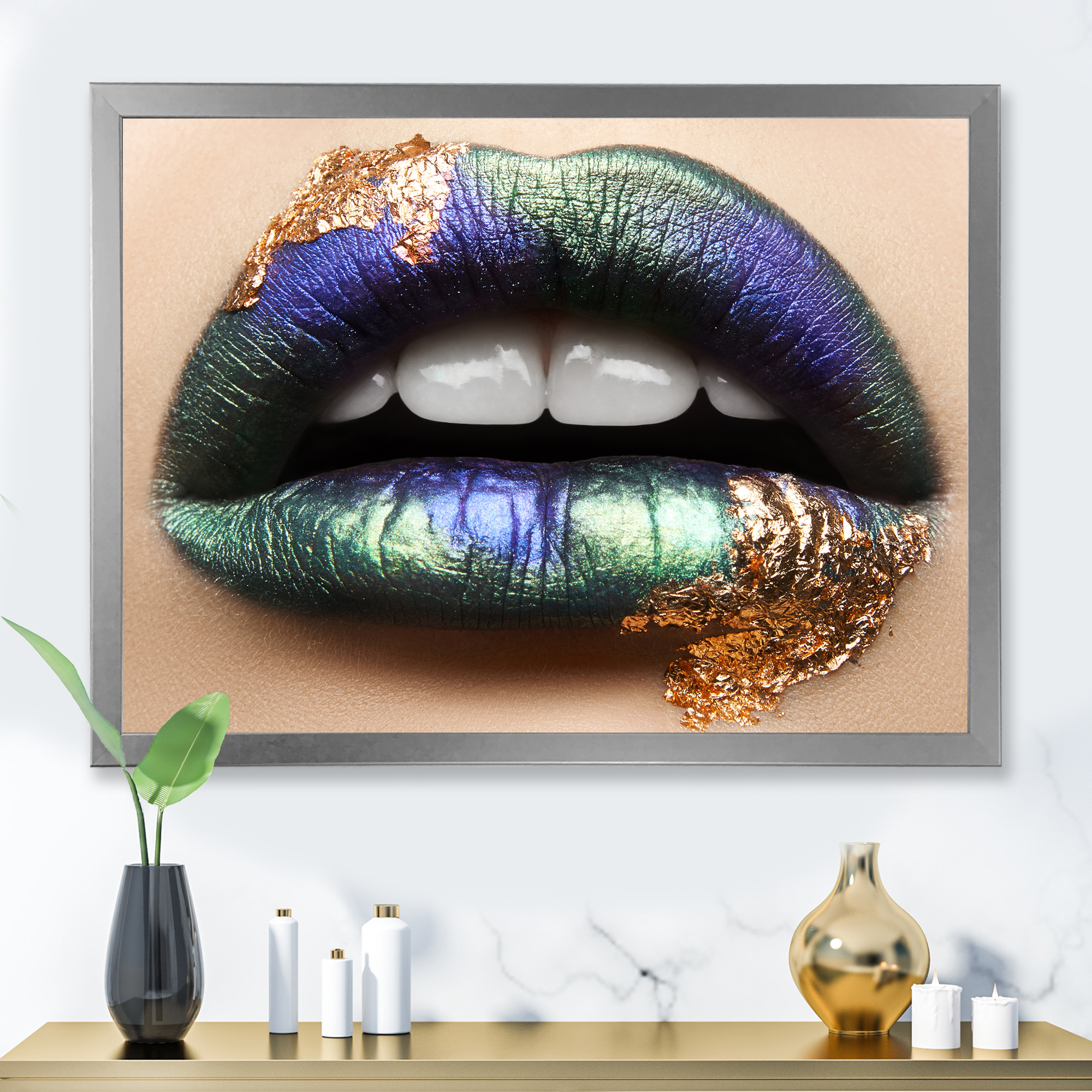 Designart 'Woman Lips With Green Lipstick & Teeth' Modern Framed Art Print
