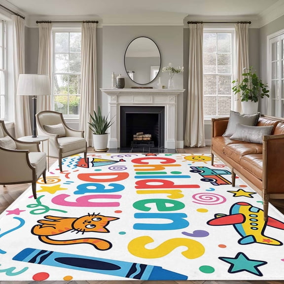 Children's Day Area Rugs 8'x10', Washable Small Throw Rugs for Living Room Patio, Cartoon Cute Watercolor Truck Cat Indoor Outdoor Rug Non-Slip Low Pile Carpet Runner Reversible Floor Mats