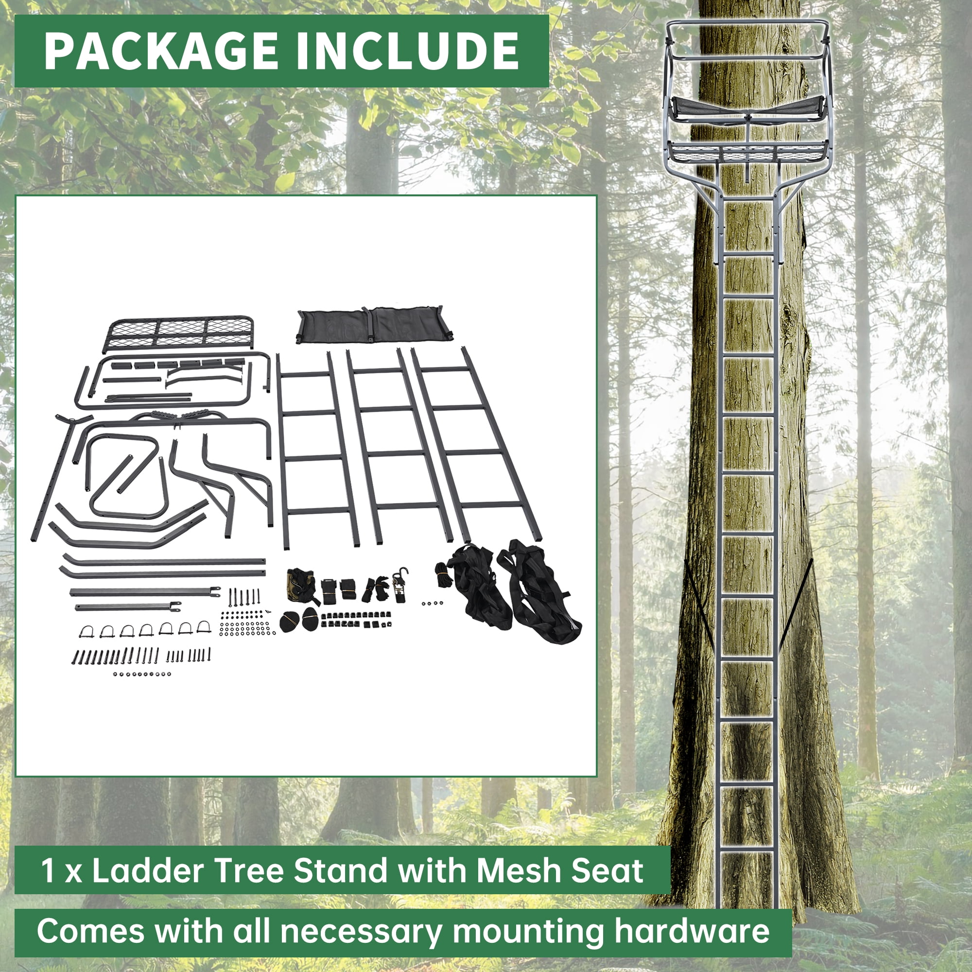 HECASA 18' 2-Man Ladder Tree Stand Climbing Tree Stand for Deer Hunting Elevated Climbing Seat Hunting Gear Equipment Accessories, 500 lb Weight Capacity