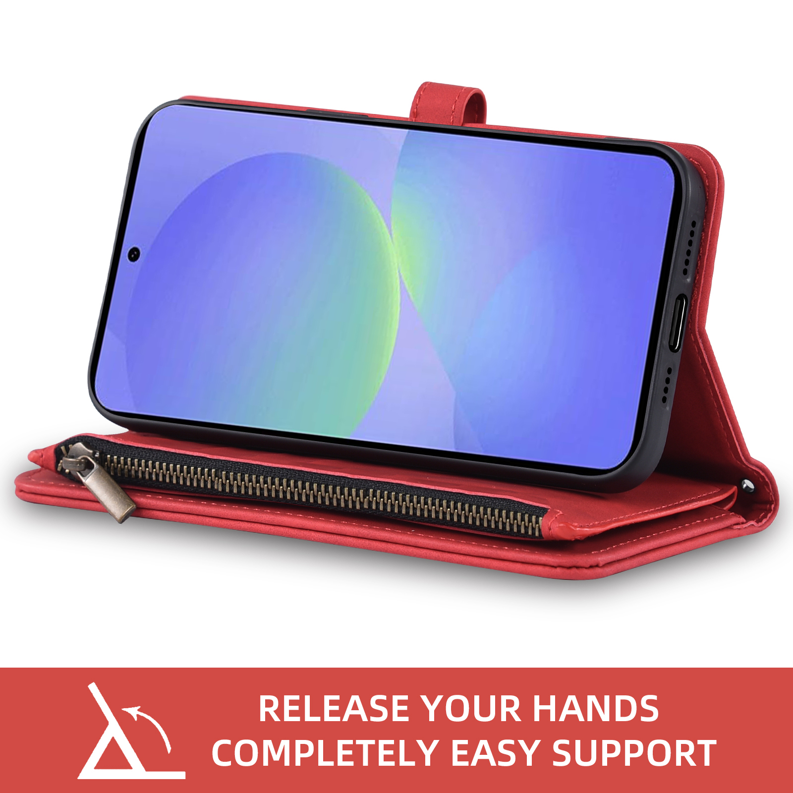 Asuwish Phone Case for Samsung Galaxy A56 5G Wallet Cover With Tempered Glass Screen Protector Crossbody Wrist Strap Flip Pattern Zipper Credit Card Holder Stand Slot Cell A 56 56A LTE Women Men Red