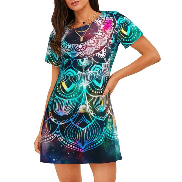 Easygdp Watercolor Mandala Camisón de manga corta para mujer, informal, estampado