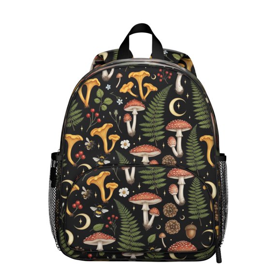 Mushroom and Cone Black Pattern Backpack for School, Cute School Bag with Adjustable Shoulder Straps and Padded Back, 13.8"x11.4"x6"