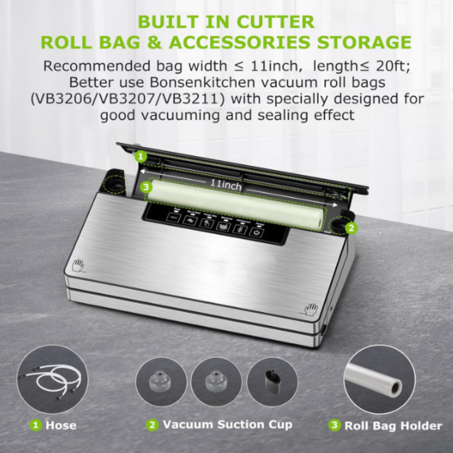 Vacuum Sealer Machine, Stainless Steel Food Sealer Vacuum Sealers with 100 Bags & 1 Roll Bag, 5 Food Vacuum Modes, Built-in Cutter & Bag Storage, Silver-Black