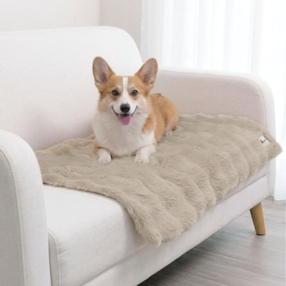 Paw Inspired Waterproof Dog Blanket 40x30", Soft Faux Fur Throw with Fur-Resistant Fleece, Washable Pet Blanket, Waterproof Protection for Couch, Bed, Furniture, Crate, Car (Tan)