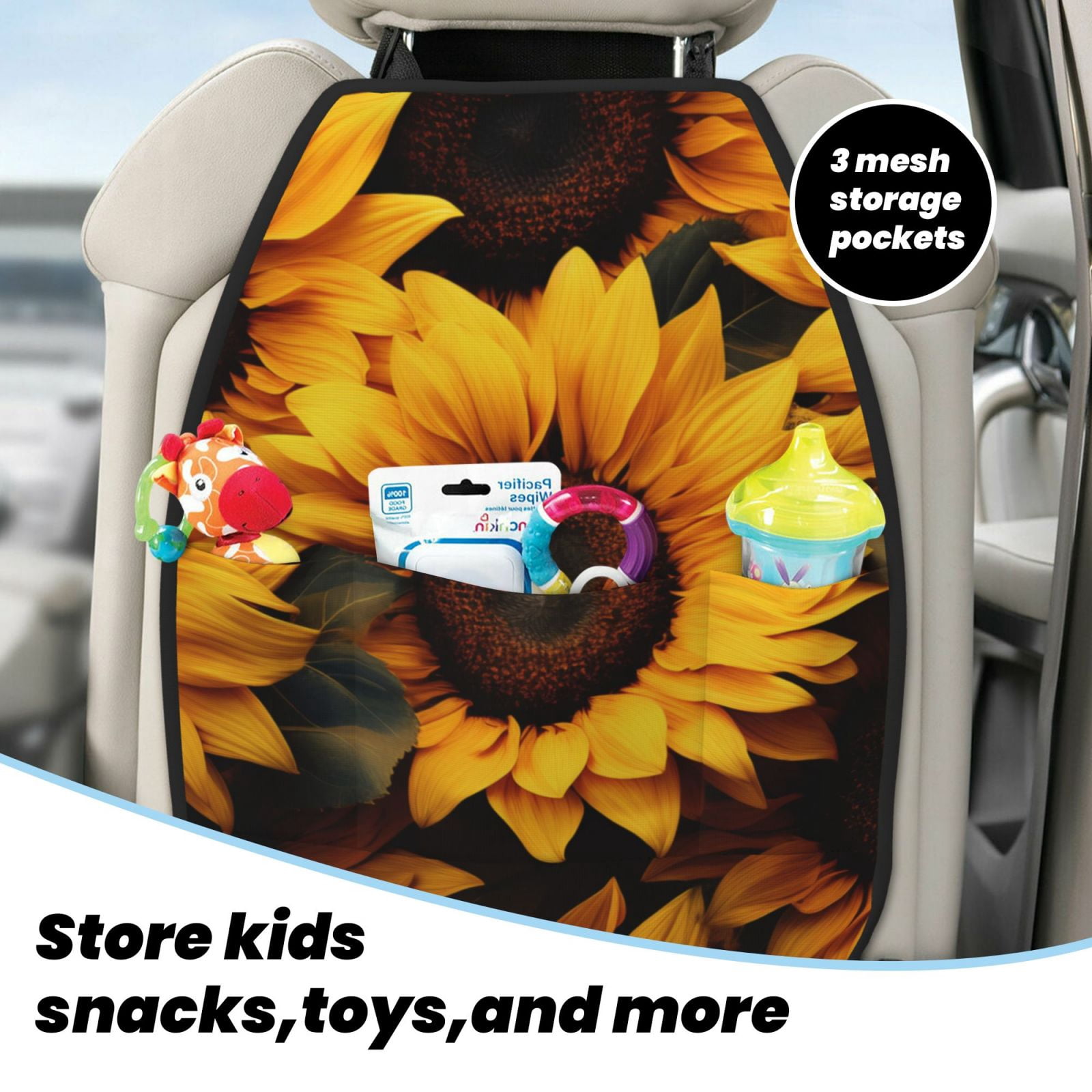 Kdxio Vibrant Sunflower Blooms Print 2 Pack Car Kick Mat Seat Cover Back Protector Mat with Pockets for Organizer Backseat Protector and Storage Anti Kick Pad for Vehicles