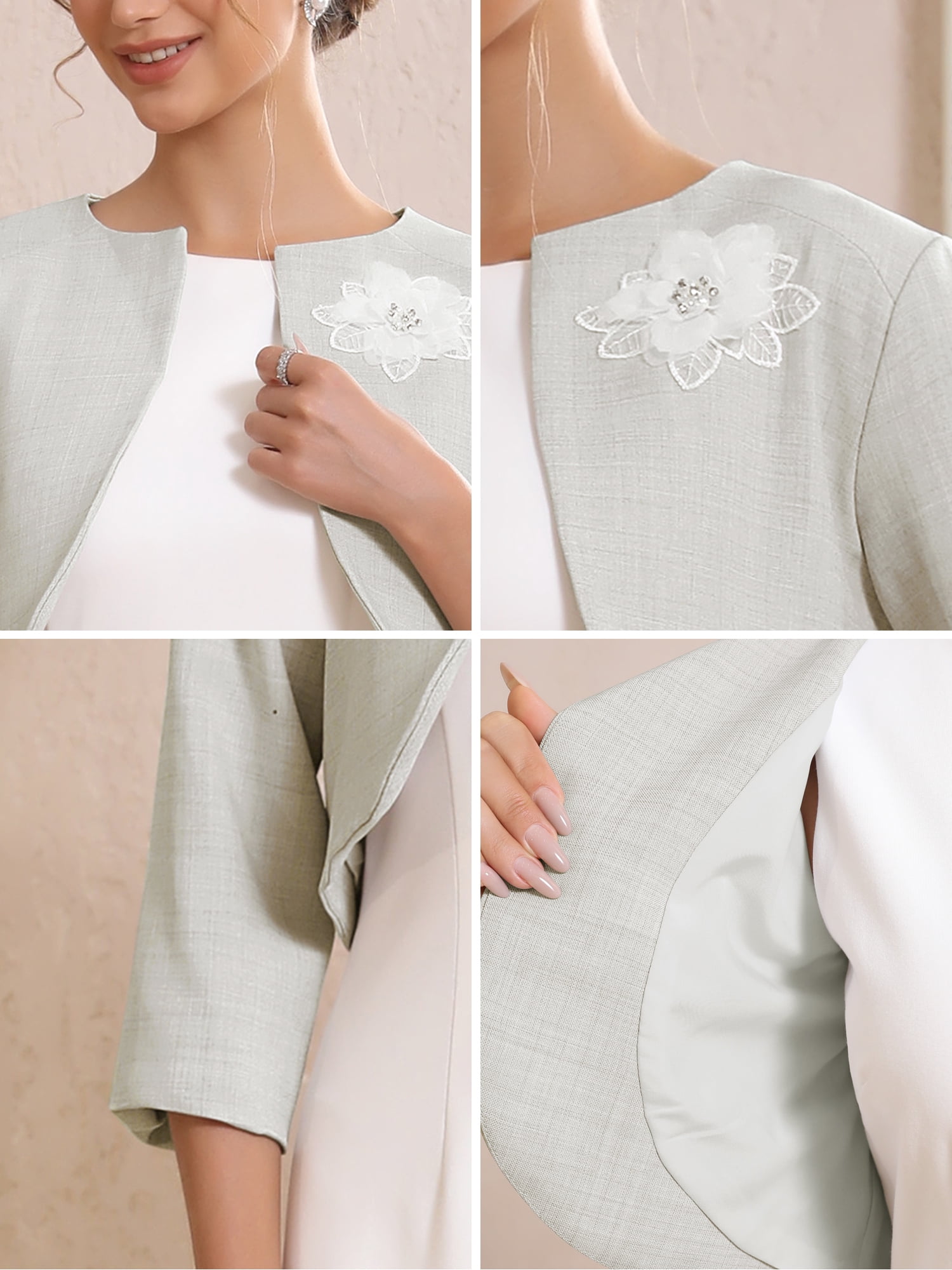 DARING DIVA Women's 3/4 Sleeves Flower Decor Open Front Formal Bolero XL Light Grey