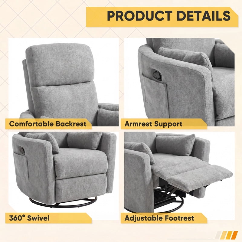 Furmax 360° Swivel Recliner Power Massage Rocker Chair Adult Glider Rocker with 2 Comfy Pillows for Nursery,Loop Yarn Gray