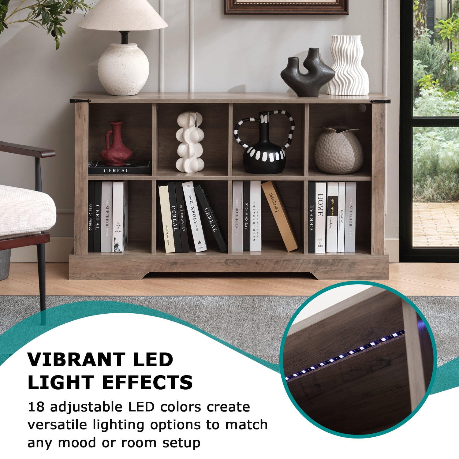8-Cube LED Bookshelf - Mid-Century Modern Wood Storage Shelf for Bedroom, Living Room & Office, Gray