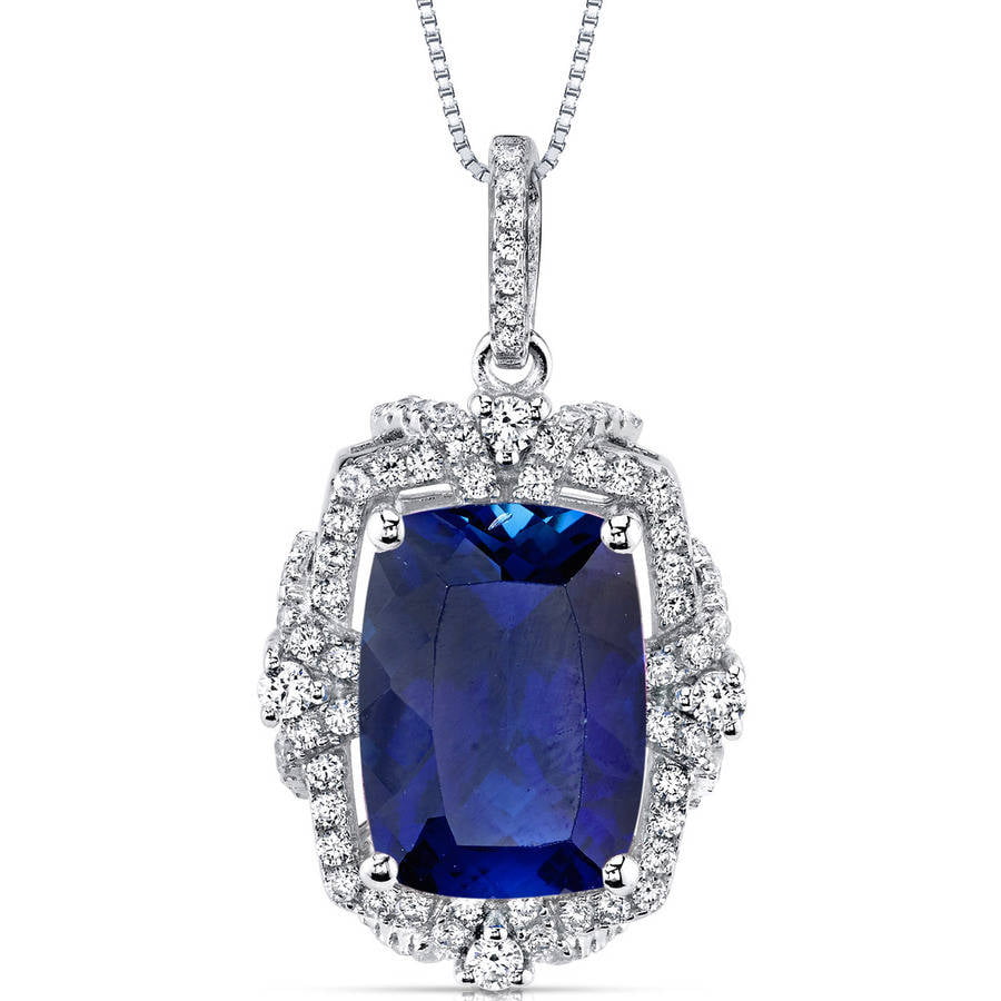 Oravo - 9 ct Cushion Cut Created Blue Sapphire Pendant Necklace in ...