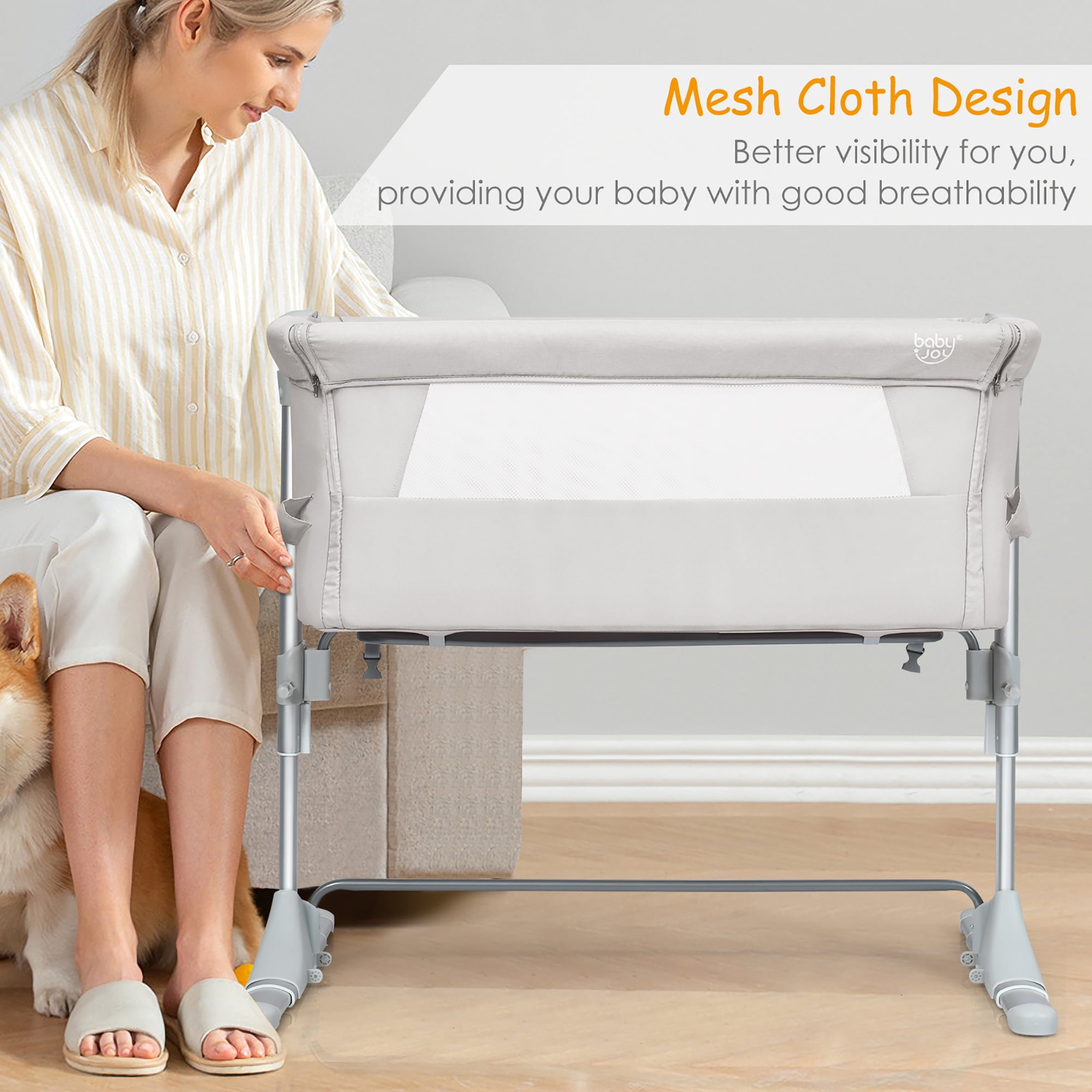 Costway Baby Playard Bassinet Bed Side Crib Infant Sleeper Breathable Mesh with Carrying Bag Beige