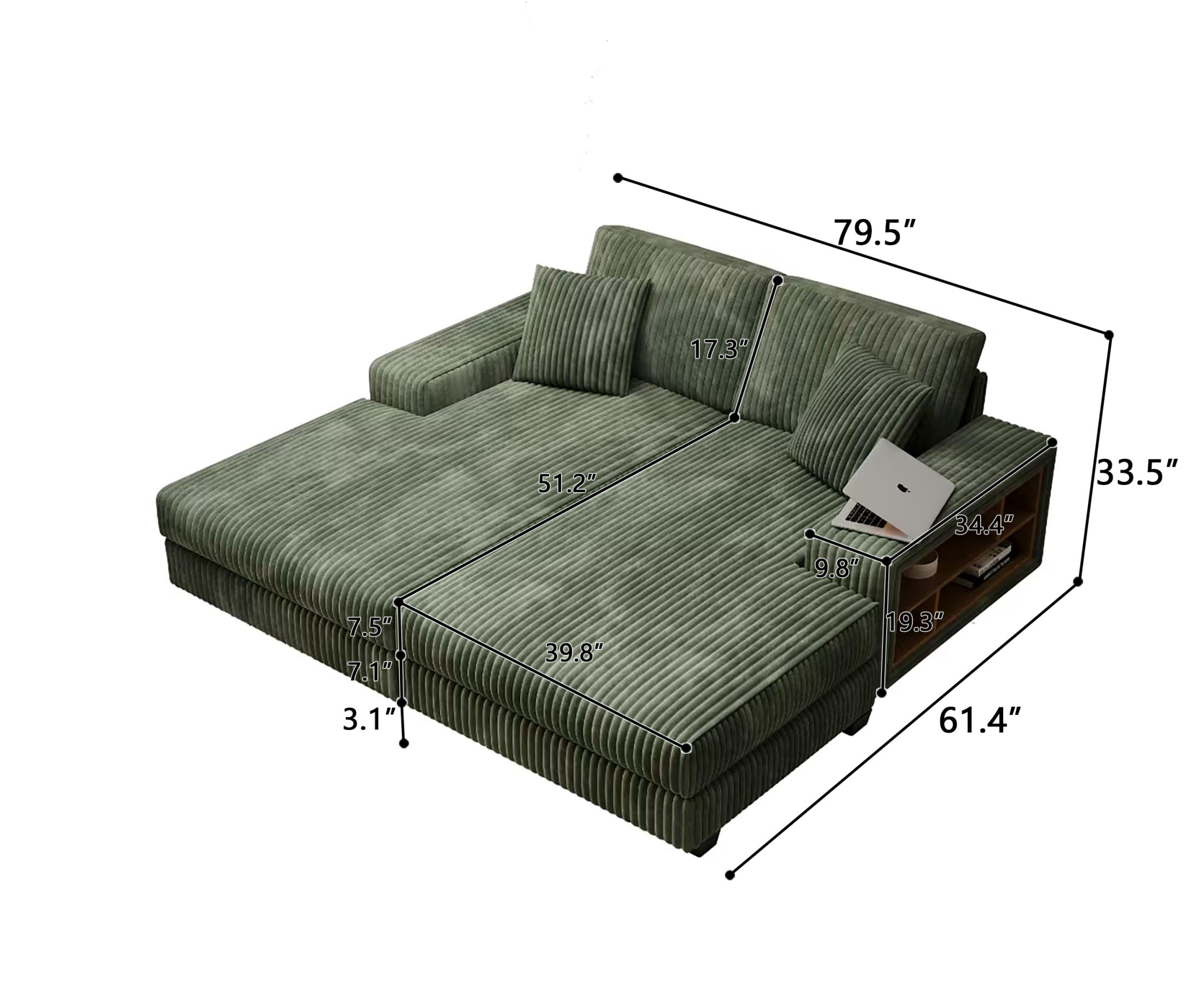 Aukfa 79.5" Oversized Double Chaise Lounges Sofa, Plush Corduroy Sectional with Storage Armrests, Memory Foam Loveseat Sleeper Sofa Couch for Living Room/Bedroom, Green