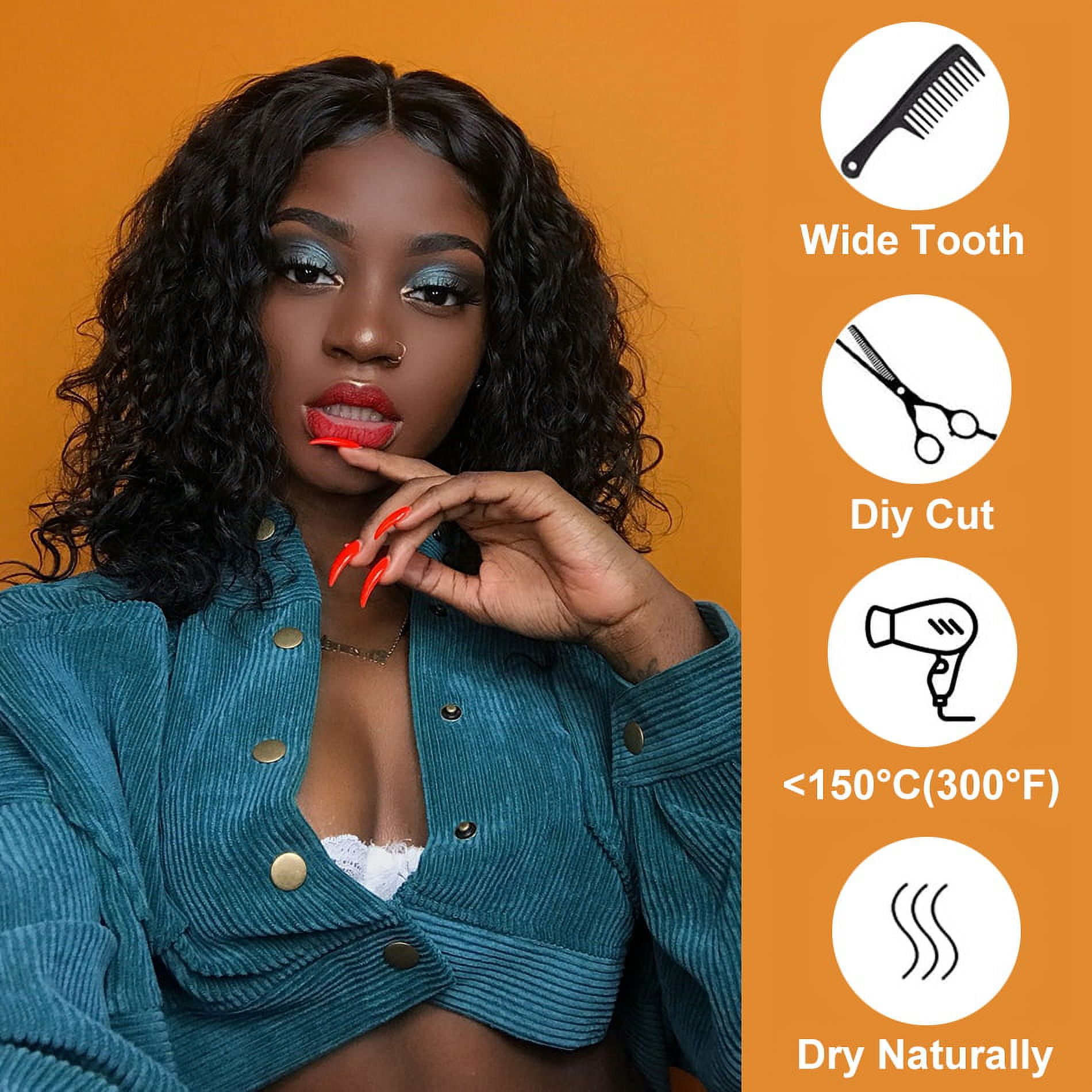 DOPI Natural Wave Brazilian Human Hair Short Curly Wavy Wigs (Black 14inch )