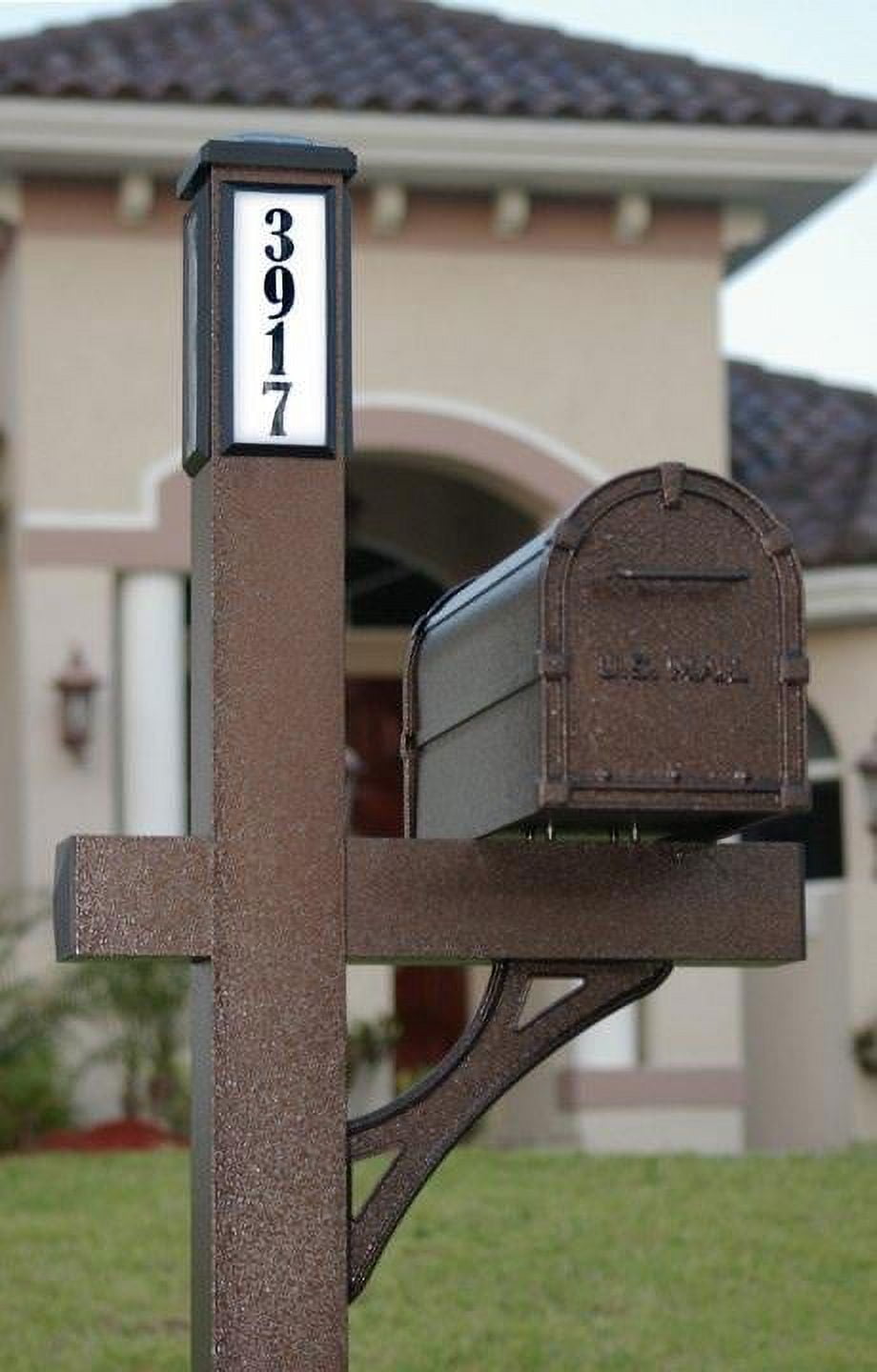 BrightLight Mailbox New Solar Powered Single Post 2 Door Mailbox with Address Panel, Hammered Bronze