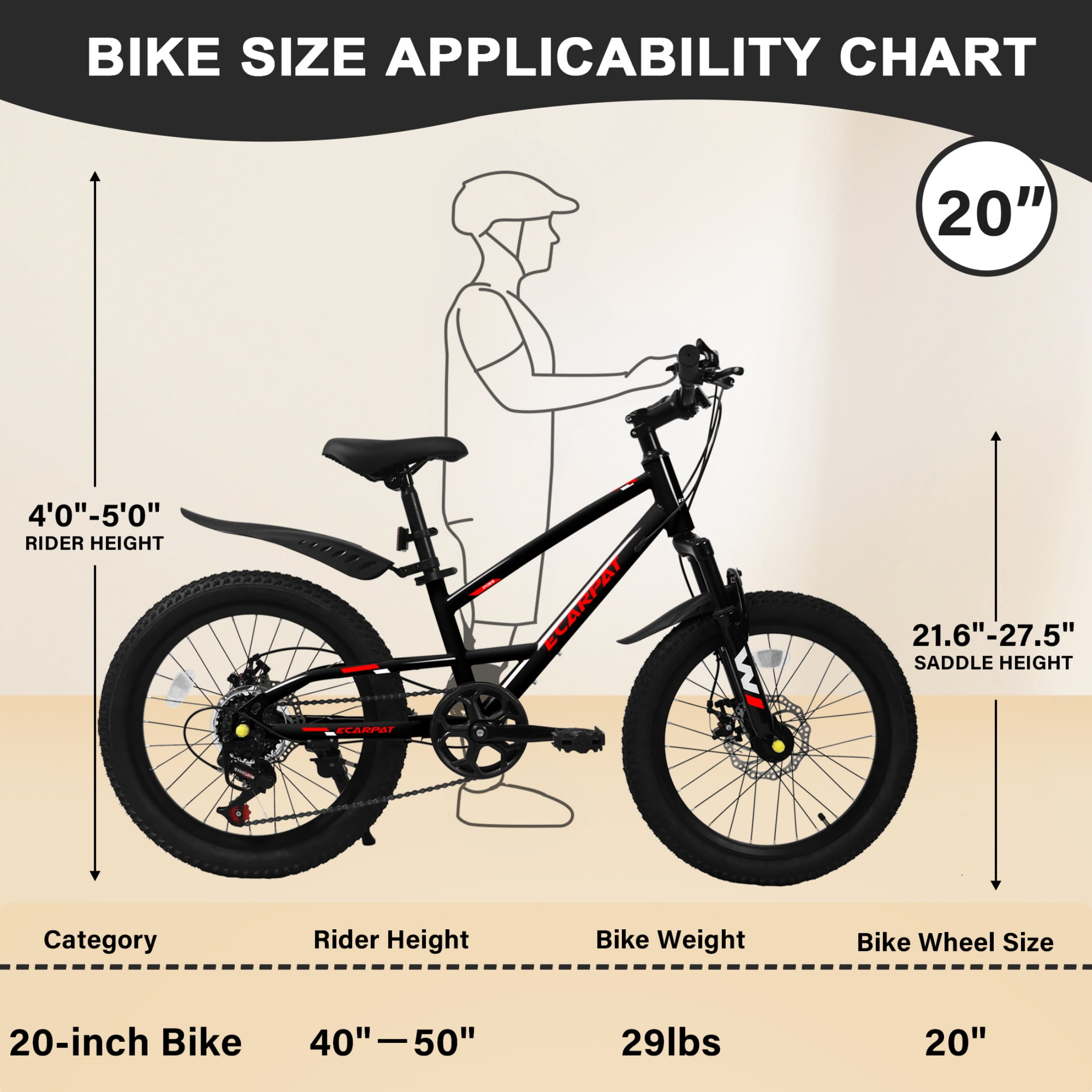 QEEKA 20" Kids Mountain Bike,Boys Girls Bike for Ages 6-12 with 7 Speeds Suspension Fork Disc Brakes,Rider Height 48-60 Inch,Christmas Birthday Gifts Kids Bicycles,Black
