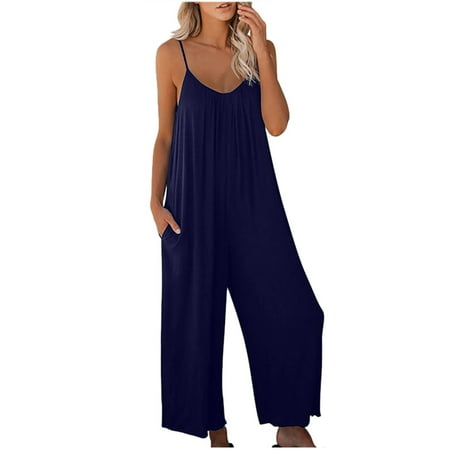 

Wide Leg Overalls for Womens Casual Solid Color Baggy Rompers Summer Loose Maternity Beach Jumpsuits Romper Dark Blue L (8)
