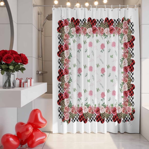 Valentine's Day Shower Curtain, 36" x 72", Romantic Pink Red Roses Leaves Plaid Heart Waterproof Bathroom Curtain Washable Shower Curtain Set with 12 Hooks