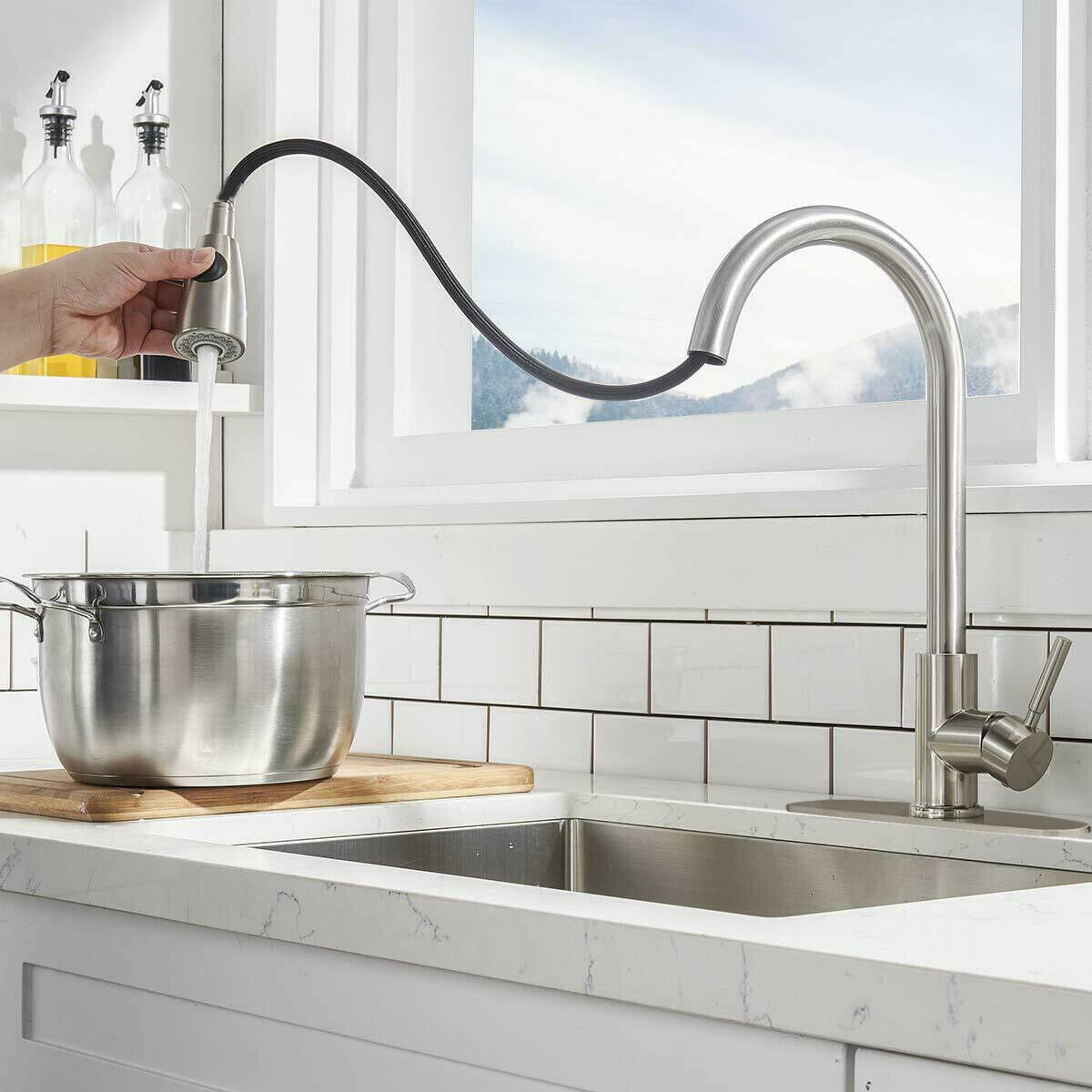 Kitchen Sink Faucet Kitchen Faucets with Pull Down Sprayer Kitchen Faucet Silver 360 Swivel High Arc Pull Out Faucet Head Commercial Faucets with Deck Plate for 1 or 3 Hole