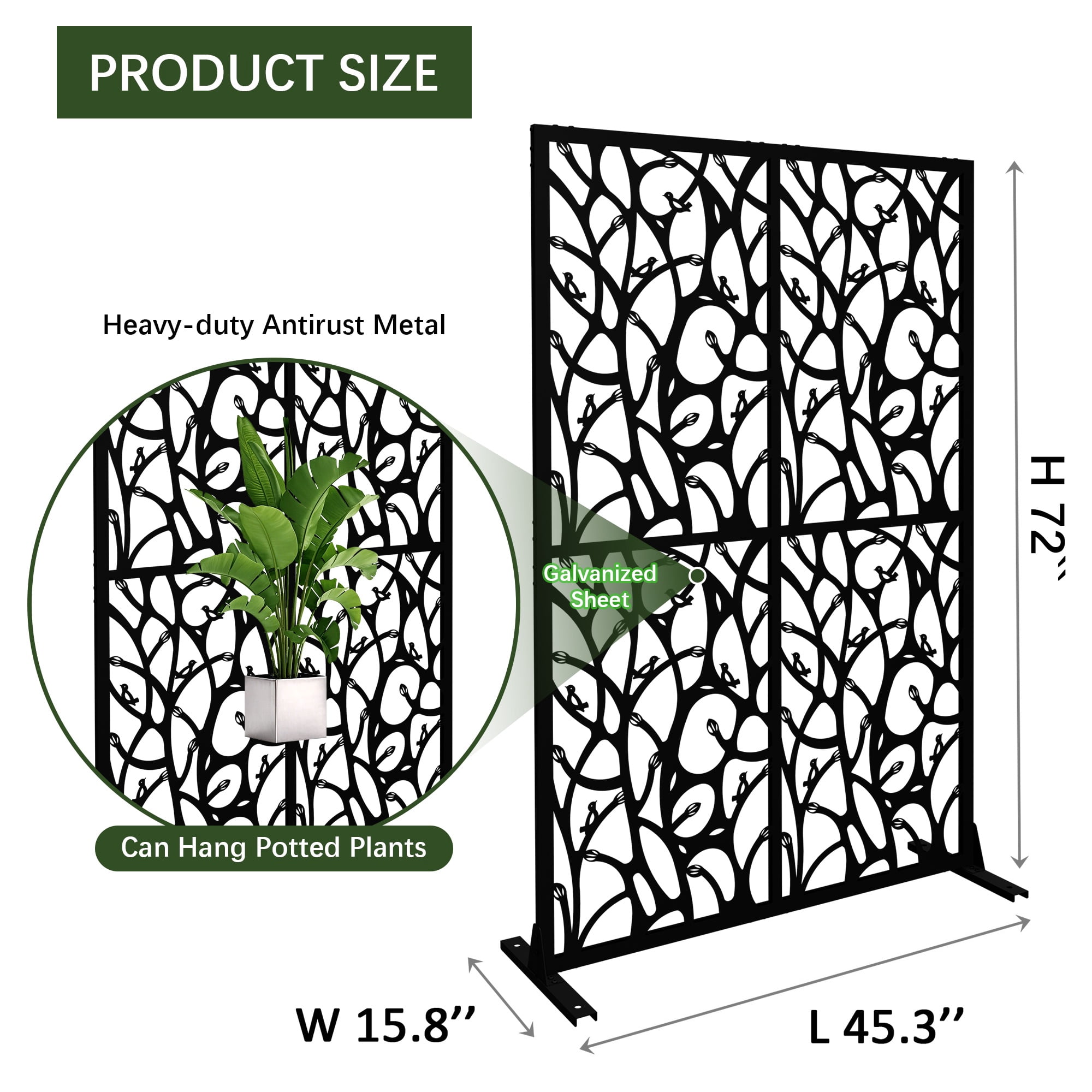 Holaki Metal Privacy Screen, 72" H x 45.3" W, Freestanding Decorative Room Divider for Balcony, Patio, Garden, Waterproof & Rustproof with Bird Shape Hollow Design, Easy Assembly
