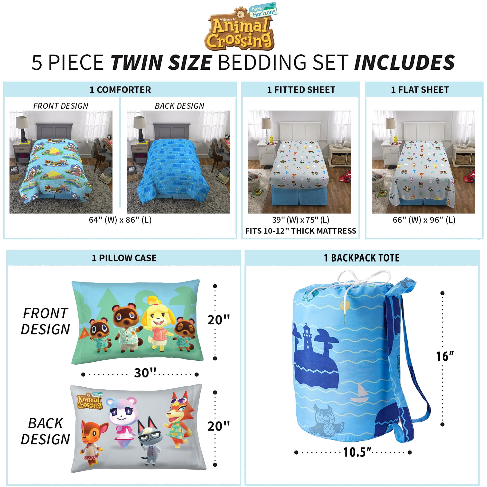 Animal Crossing Kids Twin Bed in a Bag, Comforter Sheet Set and Bonus Tote, Blue, Nintendo