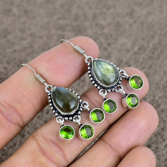 Labradorite, Peridot 925 Sterling Silver Gemstone Jewelry Earring 1.77"