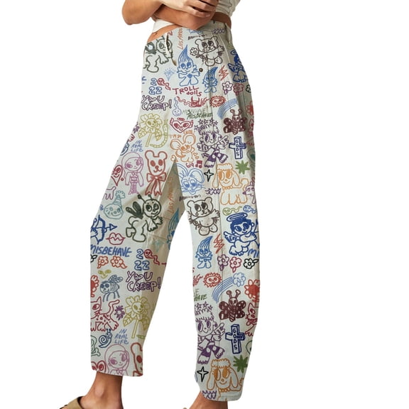 Women'S Casual Loose Wide Leg Mid-Rise Straight Jeans Y2k Boyfriend Style Jeans Denim Cropped Pants White Cartoon S